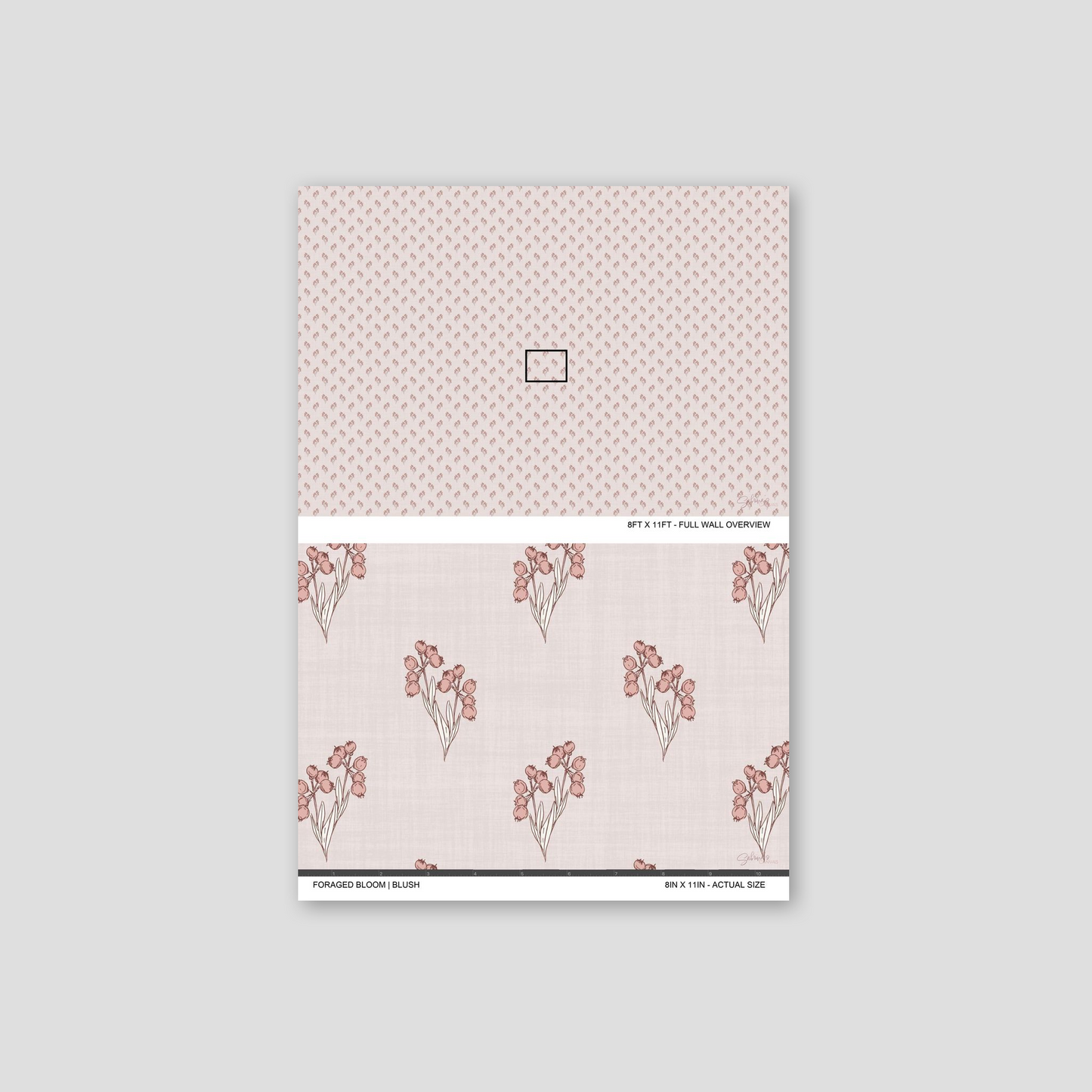 Foraged Bloom Blush wallpaper sample showing full wall scale and an actual-size view of the floral bouquet pattern.