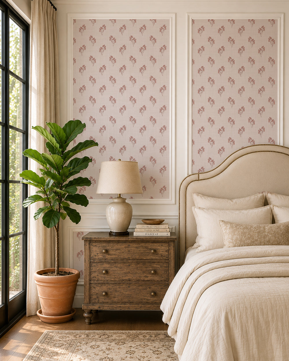 Foraged Bloom Blush wallpaper in an elegant bedroom with warm wood furniture, neutral bedding and a potted plant.