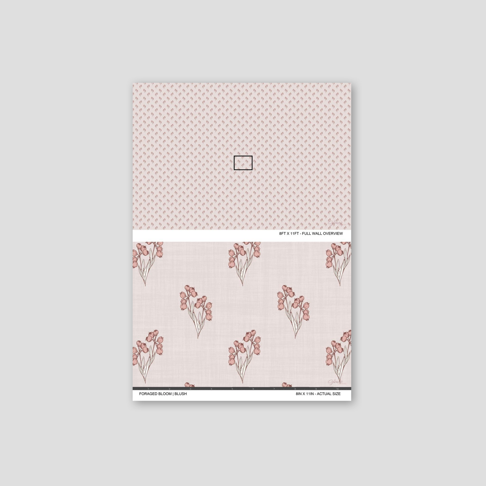 Foraged Bloom Blush wallpaper sample showing full wall scale and an actual-size view of the floral bouquet pattern.