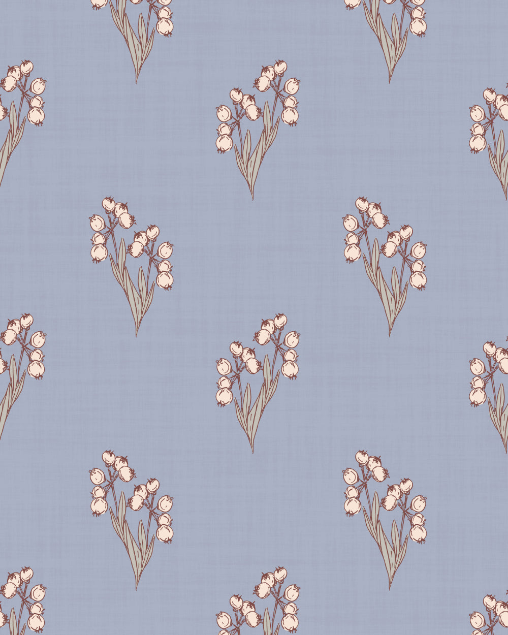 Foraged Bloom Dusty Blue wallpaper with small hand-drawn pink floral bouquets on a soft blue textured background.