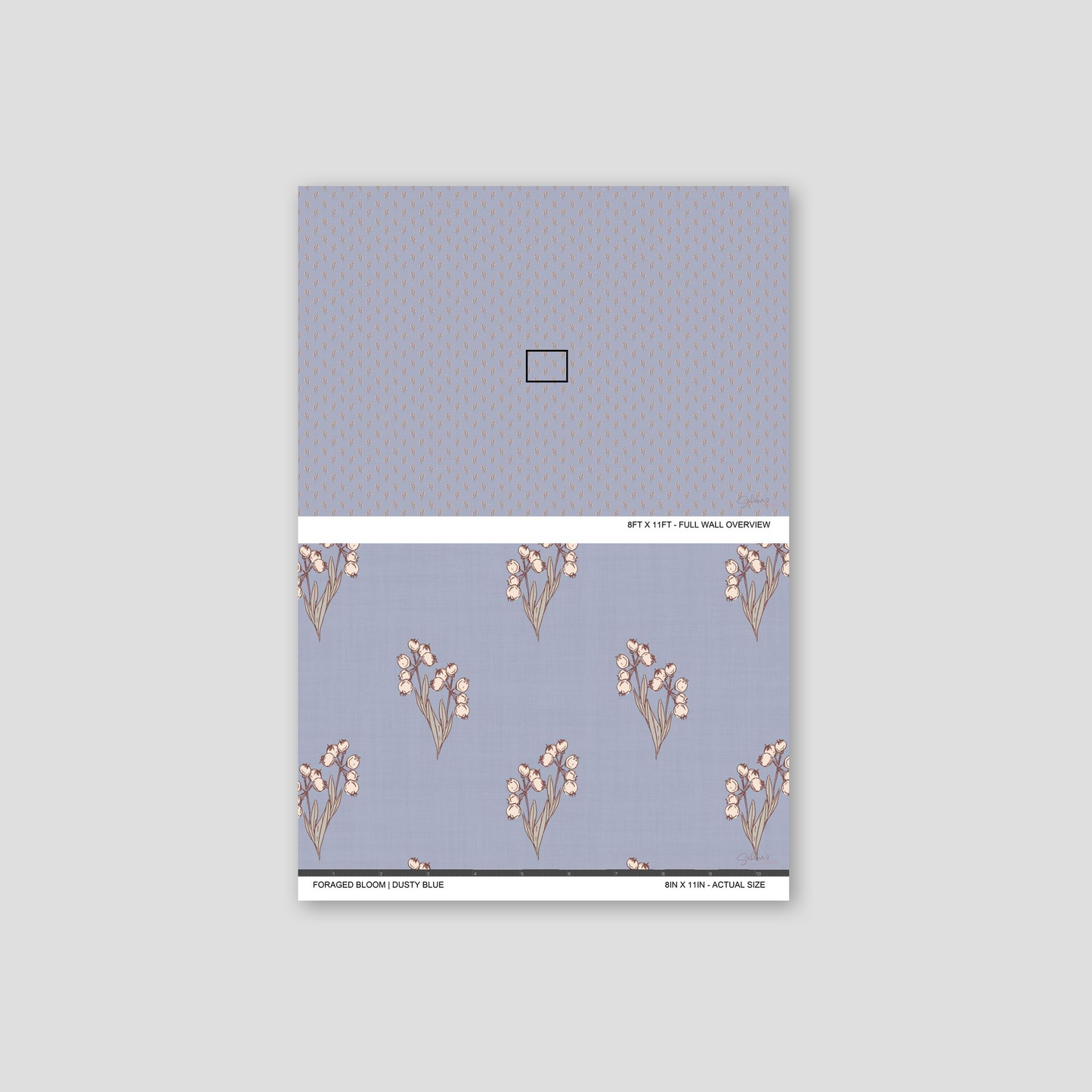 Foraged Bloom Dusty Blue wallpaper sample showing full wall scale and an actual-size view of the floral bouquet pattern.