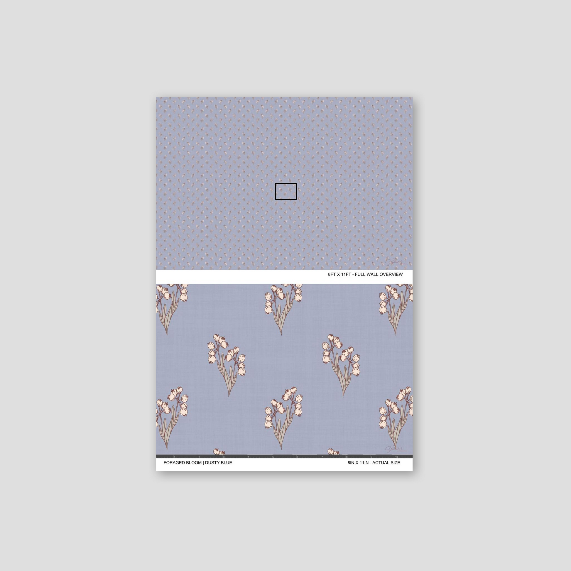 Foraged Bloom Dusty Blue wallpaper sample showing full wall scale and an actual-size view of the floral bouquet pattern.