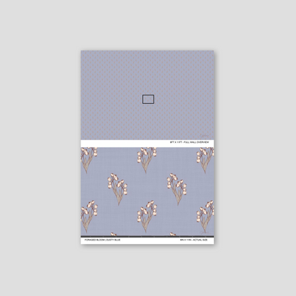 Foraged Bloom Dusty Blue wallpaper sample showing full wall scale and an actual-size view of the floral bouquet pattern.