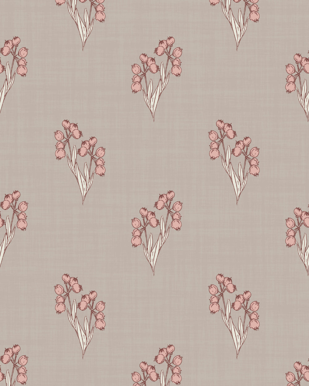 Foraged Bloom Warm Brown wallpaper with small hand-drawn pink floral bouquets on a warm brown textured background.