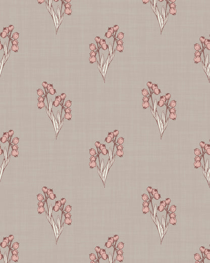 Foraged Bloom Warm Brown wallpaper with small hand-drawn pink floral bouquets on a warm brown textured background.