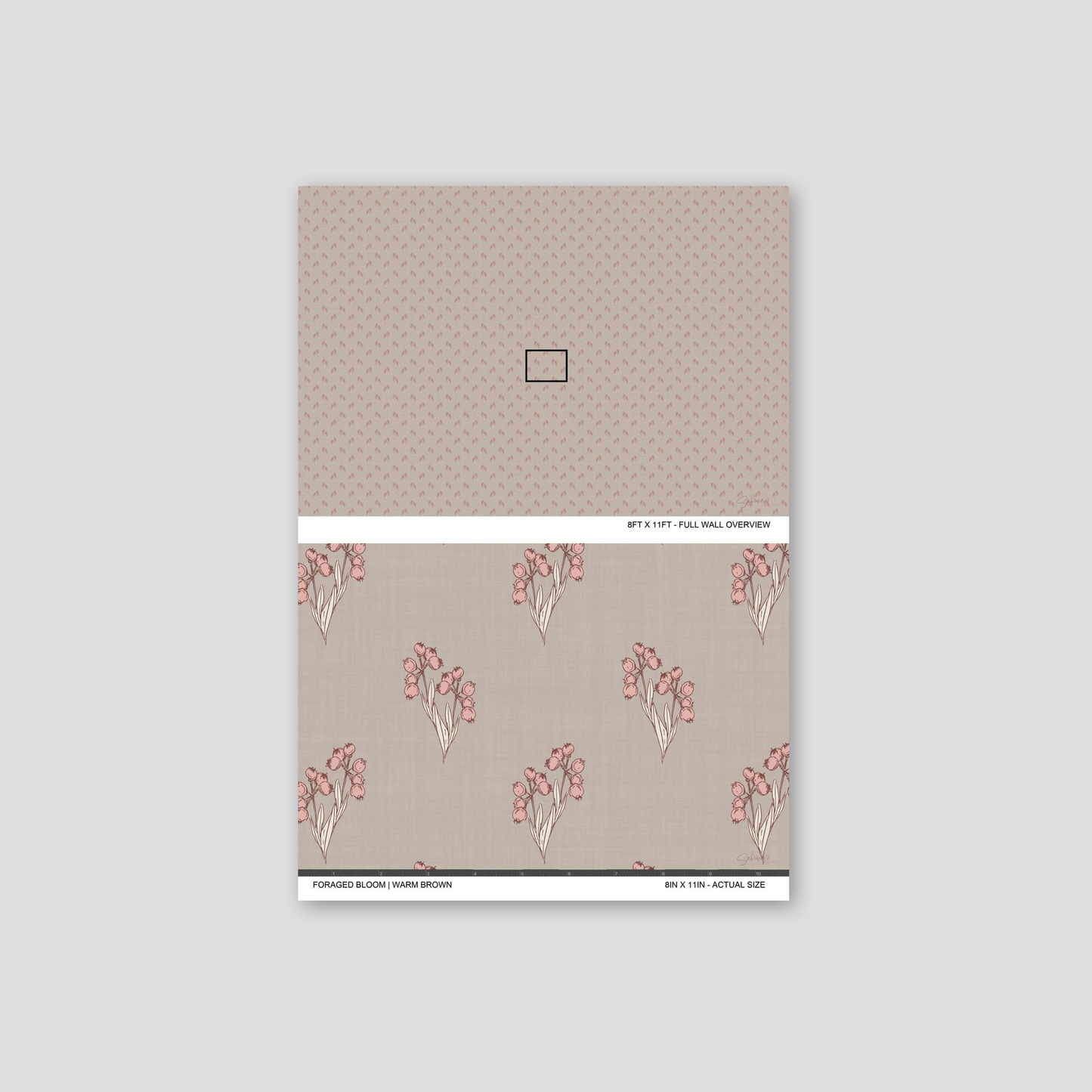 Foraged Bloom Warm Brown wallpaper sample showing full wall scale and an actual-size view of the floral bouquet pattern.