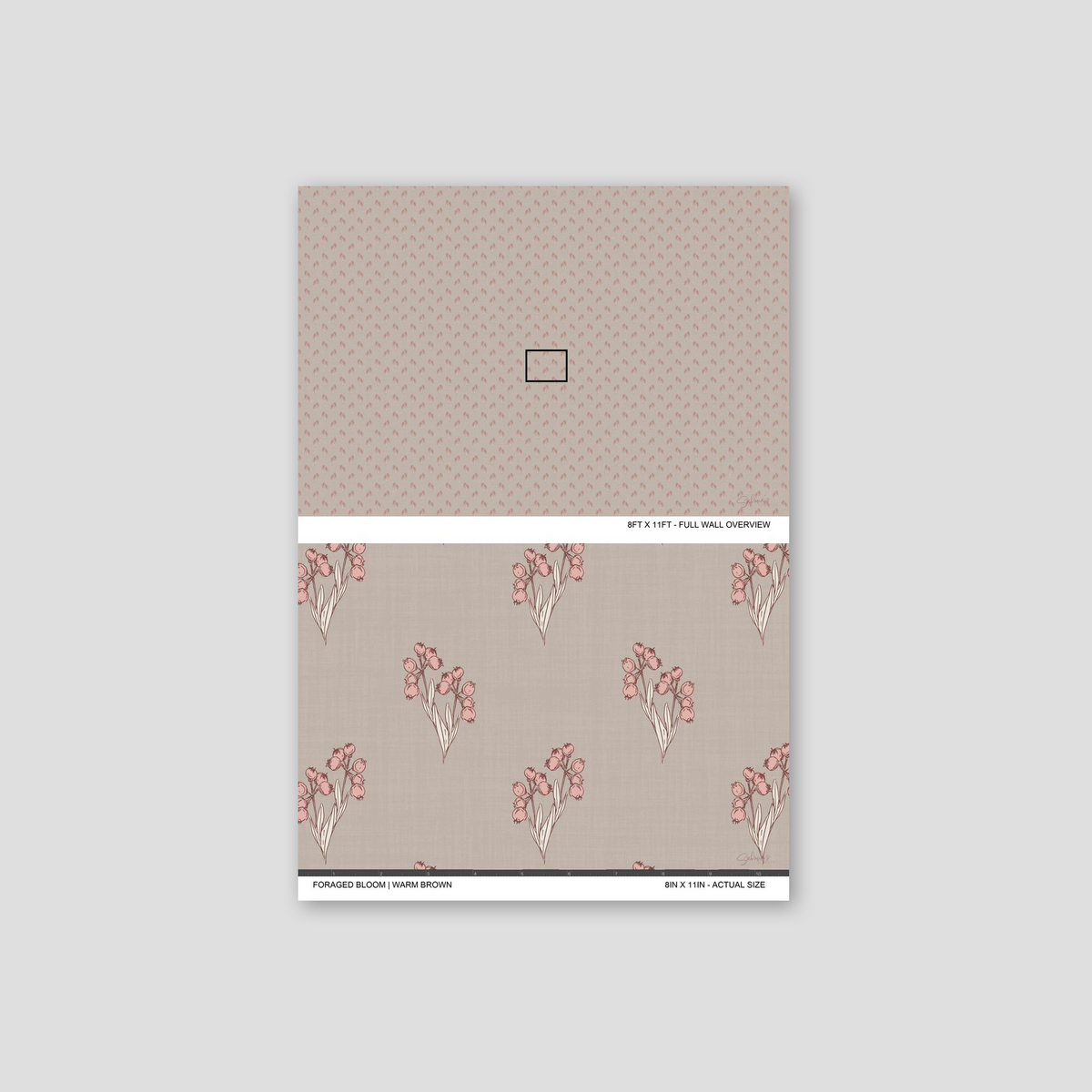 Foraged Bloom Warm Brown wallpaper sample showing full wall scale and an actual-size view of the floral bouquet pattern.