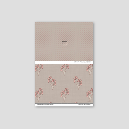 Foraged Bloom Warm Brown wallpaper sample showing full wall scale and an actual-size view of the floral bouquet pattern.
