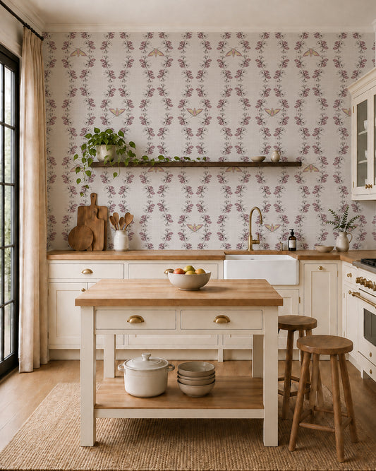 Night Bloom Warm Linen wallpaper in a cozy kitchen with cream cabinets, wood accents and a leafy plant.
