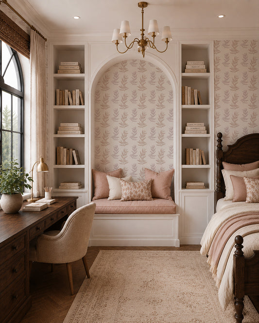 Olive Branch Linen wallpaper in a cozy bedroom nook with built-in shelves, warm wood furniture and soft blush accents.